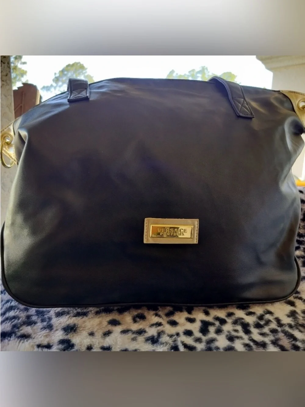 Versace Perfumes Black Tote with Gold Plaque